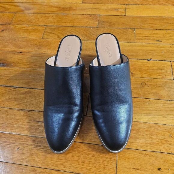 J Crew Heeled Mules Womens Size 8.5 Black Vegan Leather Stacked Block Heel - Picture 2 of 8
